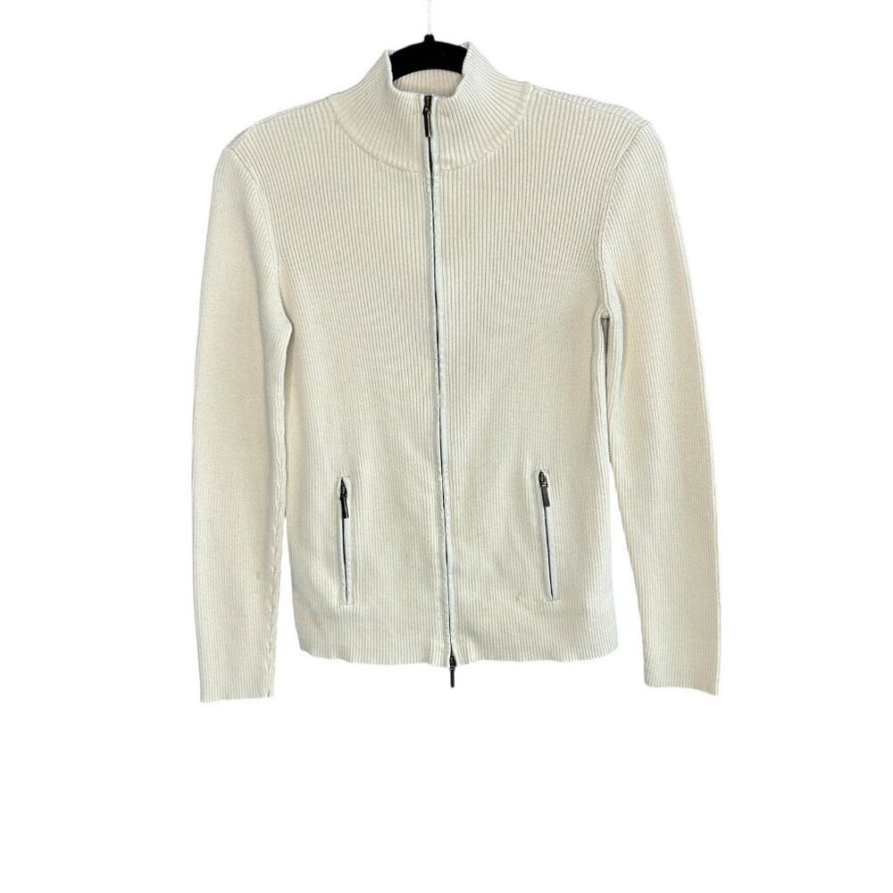 Lauren Ralph Lauren Cardigan Sweater Tan Full Zip Ribbed Knit Cotton Size Medium